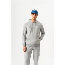 Piero Perla Gofre Baskı Logolu Regular Fit Kapüşonlu Erkek Gri Melanj Hoodie
