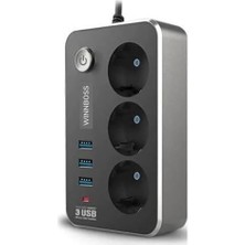 Dayanıklı Termal Akım Korumalı 2 mt 10A 2500W 3lü Priz ve 3 Usbi 21A Uzatma Kablosu
