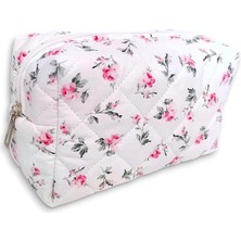 Çantası | Makeup Bag | Kapitone Bakım Seyahat Kozmetik Çantası (Beyaz-Pembe)