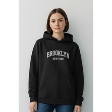 Evavi Kadın Siyah Brooklyn New York Baskılı Kapüşonlu Sweatshirt