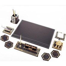 Aslan Biblolu Altın Deri Sümen Takımı Mermer Desen Ahşap Isme Özel Masa Isimliği Masaüstü Isimlik