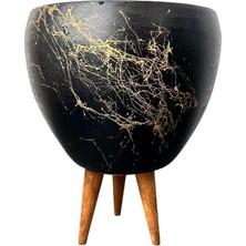 Tasarımı Ev Dekorasyon Siyah Üzeri Gold Mermer Efektli Toprak Saksı Saksılık Salon Çiçeklik 3 Ayaklı - 15 cm