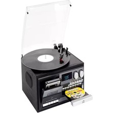 Bir Arada Elektrikli Vintage Plak Çalar CD Çalar Kaset USB Bluetooth Tf Aux Kumandalı Pikap, Siyah