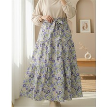 Modamorfo Beli Kemerli Çiçekli Parçalı Etek -Mor