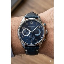 Ferrucci Kasa Erkek Kol Saati | 44 mm Çelik Kasa, Lacivert Deri Kordon, Lacivert Kadran