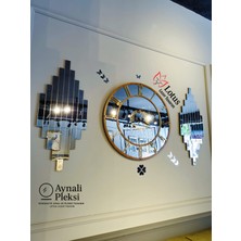 Aynalı Pleksi Duvar Saati Seti – 50 cm Saat (Ceviz Çerçeve & Rakamlar) + 2’li 70×30 cm Gümüş Tablo