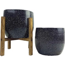 Tasarımı Ev Dekorasyon Aksesuar Siyah Granit Toprak Saksı Saksılık Salon Çiçeklik Ikili Set Ayaksız - 4 Ayaklı- 19 cm