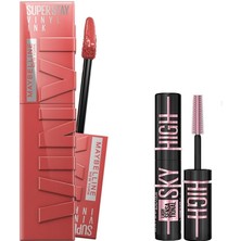 New York Super Stay Vinyl Ink Uzun Süre Kalıcı Likit Parlak Ruj 15 Peachy & Mini Lash Sensational Sky High Cosmic Black Maskara Makyaj Seti