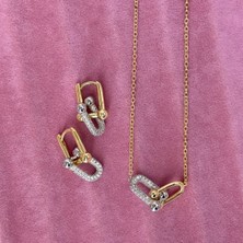 Marem Tiffanny Model Altın Gümüş Renkli Taşlı Kolye Küpe Seti