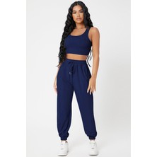 Ang Butik Kadın Lacivert Kaşkorse Cepli Jogger Eşofman Altı ve Crop Top Bluz