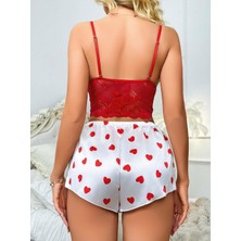 Ang Butik Kadın Kırmızı Kalp Desenli Şort Askılı Dantel Üst Pijama Takımı 2218