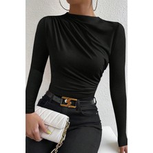 Ang Butik Kadın Siyah Belden ve Boyundan Büzgü Detaylı Uzun Kollu Bluz