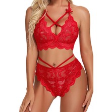 Ang Butik Kırmızı Çapraz Ip Detaylı Şık Sütyen Külot Takım