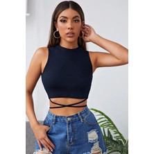 Ang Butik Kadın Lacivert Çapraz Bağlamalı Crop Top Büstiyer