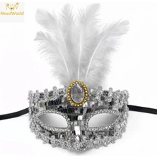 Vera Vtc Lüks Gümüş Tüylü Taşlı Balo Maskesi 965874