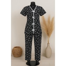 Ang Butik Kadın Siyah Beyaz Kalp Desenli Fiyonklu Kısa Kollu Pijama Takımı