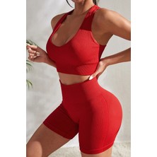 Ang Butik Kadın Kırmızı Yüksek Bel Çapraz Sırt Detaylı Şortlu Gecelik Takım