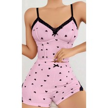 Ang Butik Kadın Pembe Kalp Desenli Askılı Şortlu Pijama Takım 5013