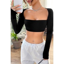 Ang Butik Kadın Siyah Uzun Kol Göğüs ve Sırt Dekolteli Crop Top Bluz