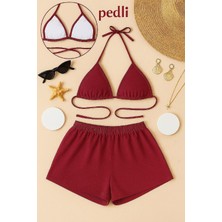 Ang Butik Kadın Bordo Şortlu Belden ve Boyundan Bağlamalı Bikini Takımı