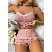 Ang Butik Kadın Pudra Dantel Detaylı Şortlu Gecelik Pijama Takımı 5015