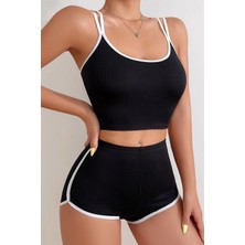 Ang Butik Kadın Siyah Beyaz Çapraz Lastik Detaylı Kaşkorse Şortlu Gecelik Takımı