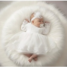 Tül Dantelli Yenidoğan %100 Pamuk Penye Kız Bebek Mevlüt Özel Gün Elbise Bandana Takım