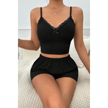 Ang Butik Kadın Siyah Alt ve Üst Dantel Detaylı Fiyonklu Şortlu Gecelik Takımı