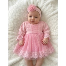 Tül Dantelli Yenidoğan %100 Pamuk Penye Kız Bebek Mevlüt Özel Gün Elbise Bandana Takım