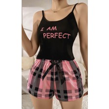 Ang Butik Kadın Siyah Kare Desenli Askılı Şortlu Pijama Takım 5012