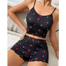 Ang Butik Kadın Siyah Çilek Desenli Seksi Gecelik Takım 5020