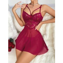 Ang Butik Kadın Kırmızı Fantezi Gecelik Tül Göğüs Dantel Dekolteli Fiyok Detaylı 2162