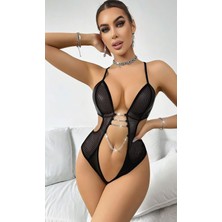 Ang Butik Kadın Siyah Fantezi Kostüm Göğüs Dekolte Zincir Detaylı 2052