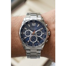 Ferrucci Gümüş Renk Erkek Kol Saati | 44 mm Çelik Kasa, Gümüş Çelik Kordon, Lacivert Kadran