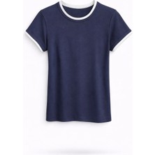 5in1Canpolat Lacivert Kontrast Şeritli Basic Tişört 11046