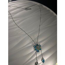 Ares 01 Store 💗 Mavi Taşlı Çiçek Figürlü Sallantılı Kolye 💗