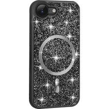 Joie Creatif iPhone 17E Kılıf Pırlanta Tasarımlı M-Safe Şarj Özellikli Zore Mozaik Silikon Kapak - Siyah