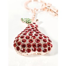 Moncuk Design Kırmızı Taşlı Armut Anahtarlık Rose Gold – Yeşil Yaprak Detaylı Işıltılı Şık Çanta & Anahtar Aksesuarı