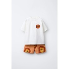 Magu Unisex Çocuk Pamuklu Beyaz Aslan Temalı T-Shirt Şort Takım - Desenli Yazlık 2'li Set