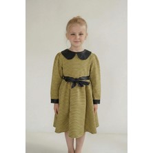 Kız Çocuk Elbise Suni Deri Detaylı Bebe Yaka Sırtı Fermuarlı Şık Elbise