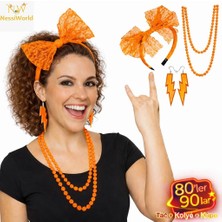 SHC4200 Mey Ithalat® 80’ler 90’lar Neon Turuncu Parti Seti – Kolye Küpe Taç