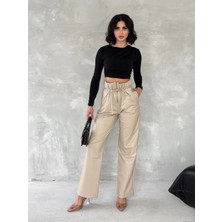 Kendinden Ince Kemerli Deri Pantolon Bej