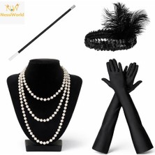 SHC4200 1920’LER Çarliston Aksesuar Seti – Inci Kolye, Eldiven, Tutucu, Siyah Saç Bandı