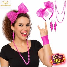 SHC4200 Mey Ithalat® 80’ler 90’lar Neon Pembe Parti Seti – Kolye Küpe Taç
