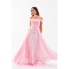 Lafaba Kadın Pudra Dar Kalıp Şal Yaka Straplez Söz Nişan Abiye Elbise