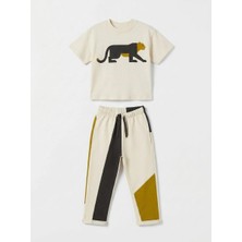 Magu Erkek Çocuk Pamuklu Ekru Panter Baskılı Tişört Eşofman Takımı