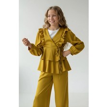 Kız Çocuk Fırfırlı Kruvaze Yaka Kimono Ikili Takım - Krep Kumaş
