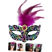 Skygo Ramia Premium | Siyah Kadife Üzeri Rengarenk Payetli Pullu Pembe Tüylü Pembe Taşlı Parti Maskes