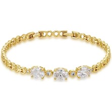 SERENES Zirkon Taşlı Üçlü Oval Kesim 14 Ayar Altın Kaplama Şık Kadın Bileklik