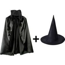 Siyah Yakalı Pelerin ve Siyah Cadı Şapkası Seti Çuk Boy